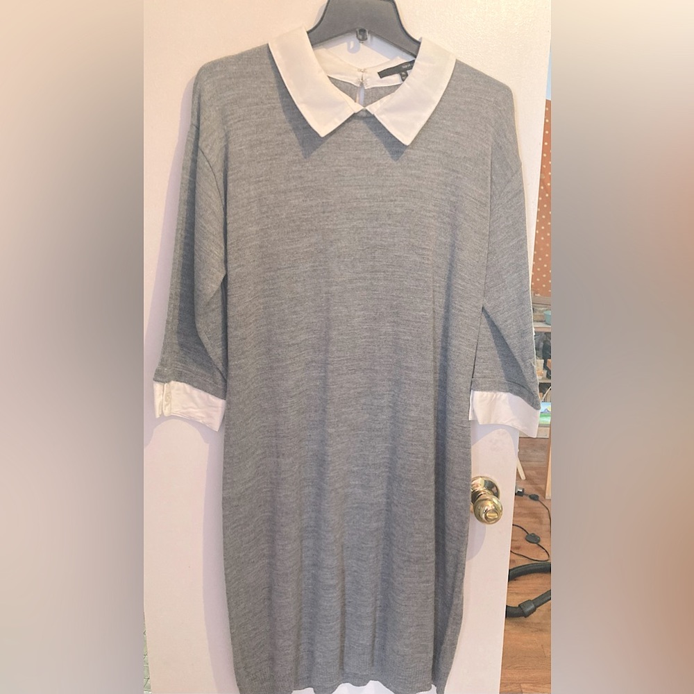 Harve Benard Slate Grey Wool / White button-collar & cuffs Sweater Dress.